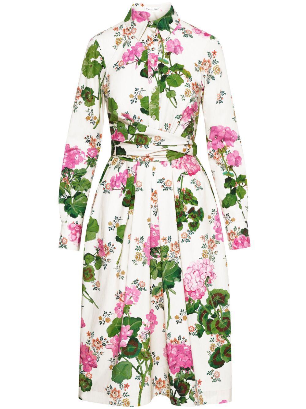 OSCAR DE LA RENTA Geranium Wallpaper Cotton Poplin Dress In Pink Multi Product Image