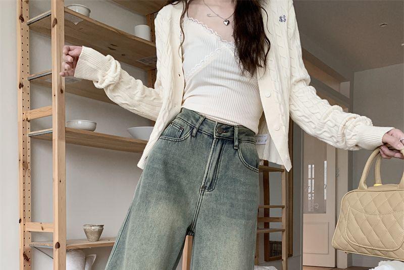 High Rise Fleece-Lined Washed Wide Leg Jeans Product Image