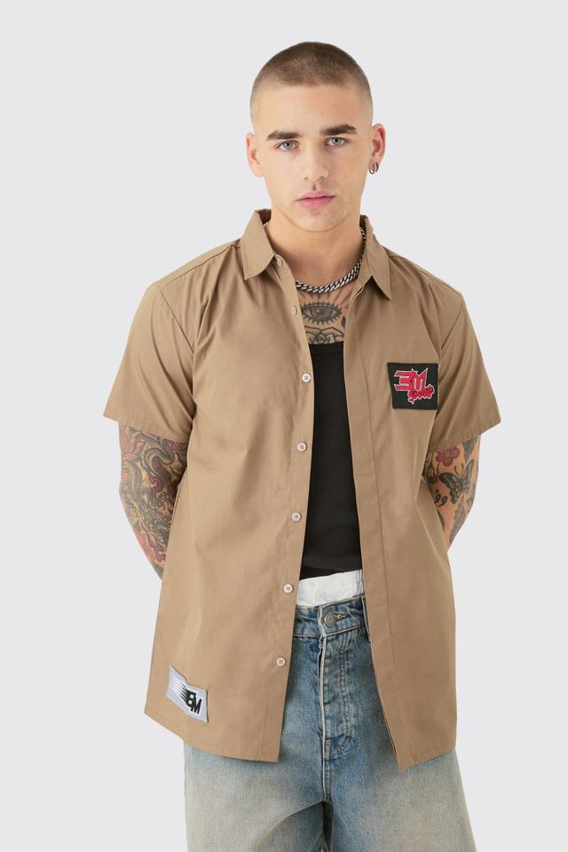 Short Sleeve Concealed Placket Moto Poplin Shirt | boohooMAN USA Product Image