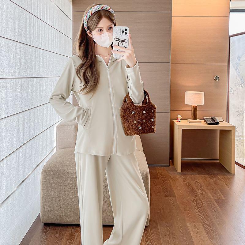 Maternity Set: Plain Zip Hoodie + Mid Rise Wide Leg Pants Product Image