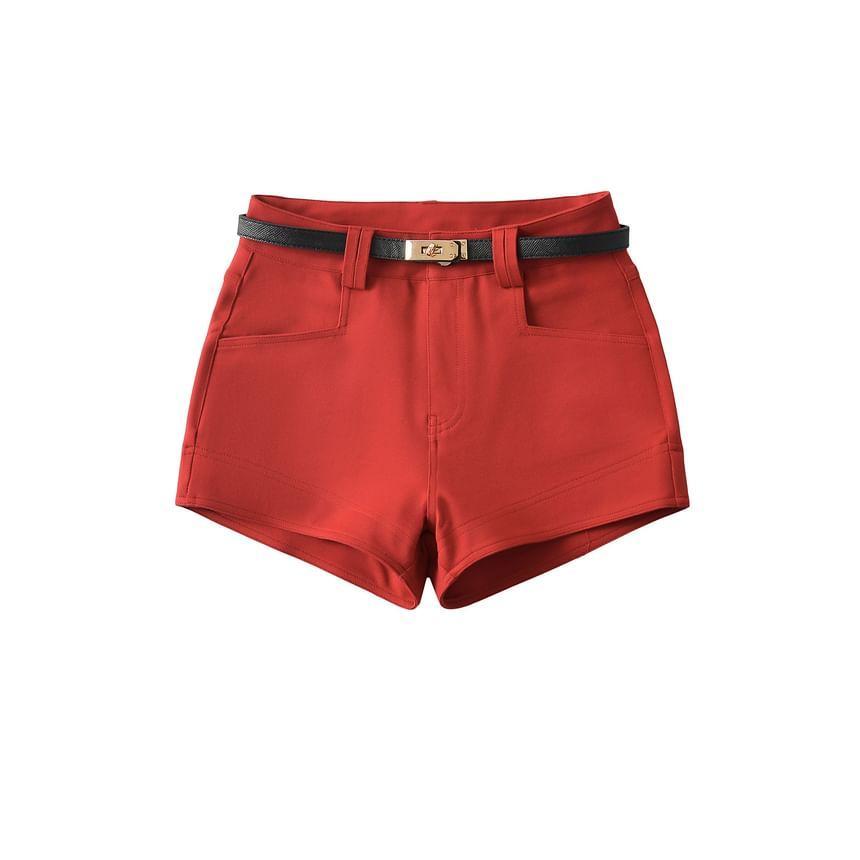 Set: High Waist Plain Hot Pants + Belt Product Image