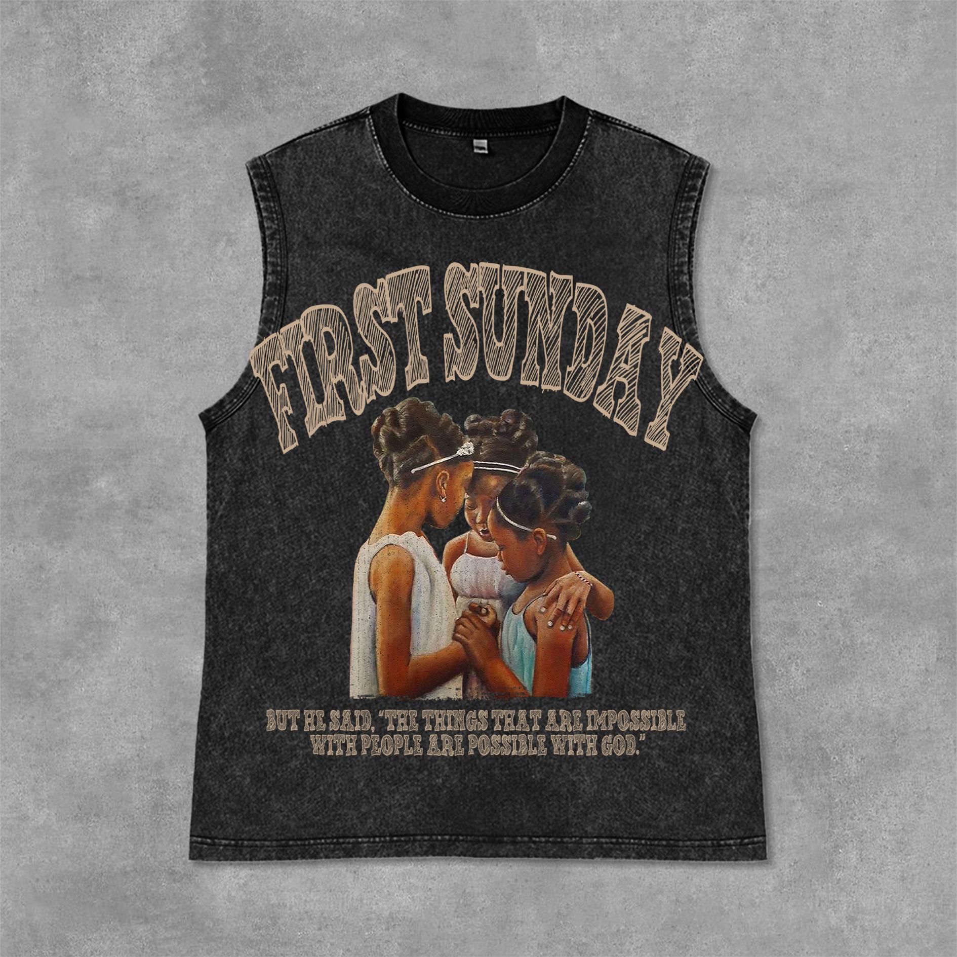 Sopula Retro First Sunday Faith Bible Graphic Print Acid Washed Sleeveless Tank Top Product Image