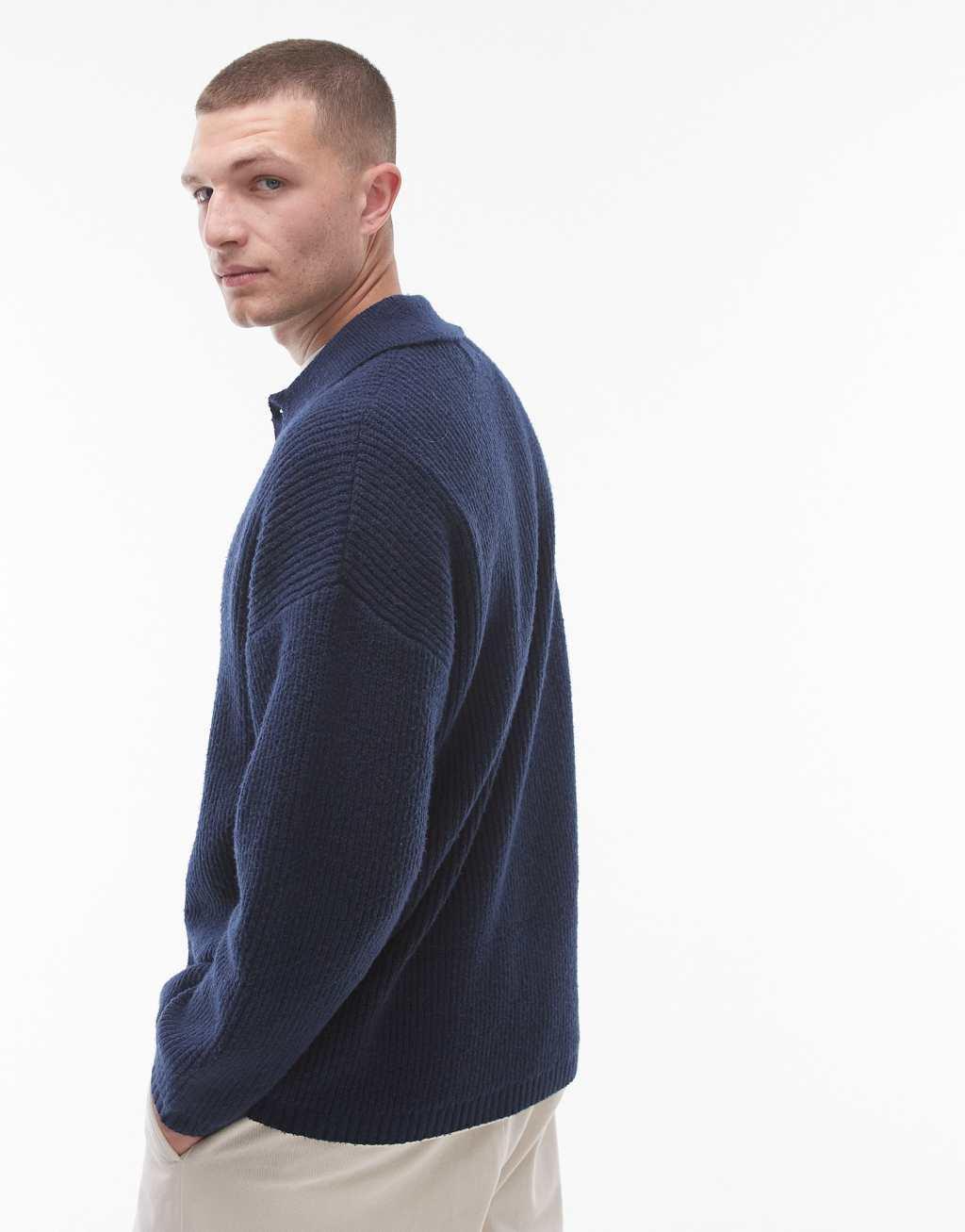 Topman relaxed fit compact knit polo sweater in navy Product Image