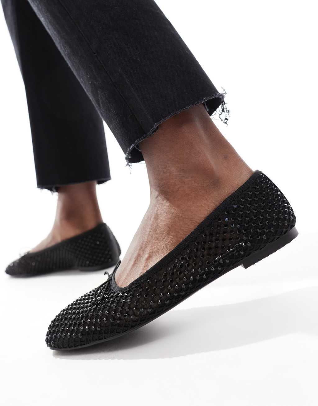 Stradivarius square toe embellished ballet flats in black Product Image