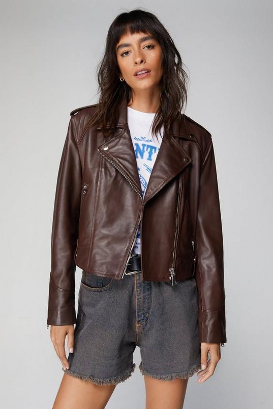 Petite Real Leather Shrunken Biker Jacket Product Image