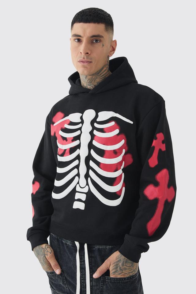 Tall Oversized Boxy Skeleton Puff Print Hoodie With Crosses | boohooMAN USA Product Image