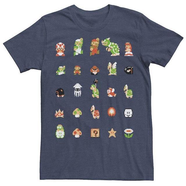 Mens Nintendo Super Mario 8-bit Retro Icon Grid Tee Navy Grey Product Image