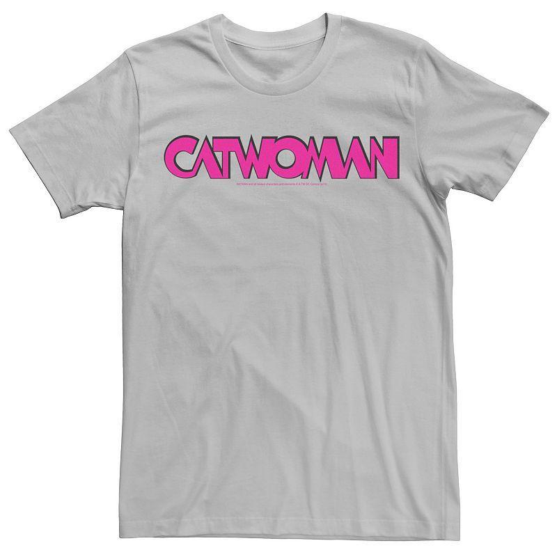 Mens DC Comics Catwoman Pink Retro Text Tee Athletic Grey Product Image