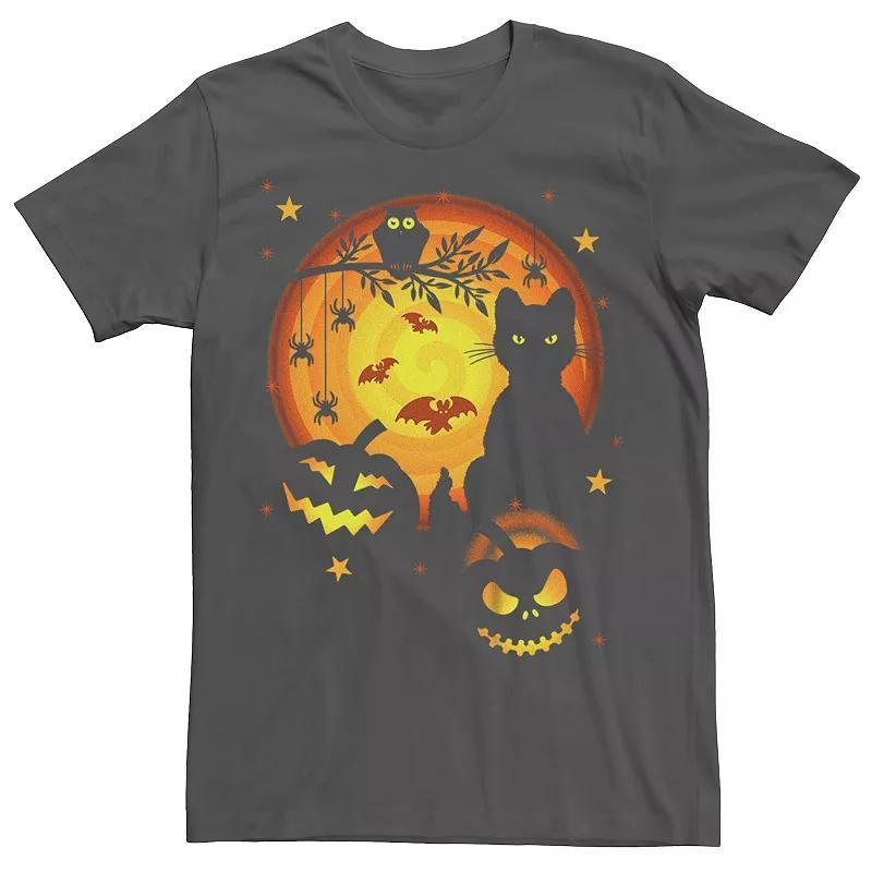 Mens Halloween Cat Owl Jack-o-Lanterns Bats Spiders Graphic Tee Blue Product Image