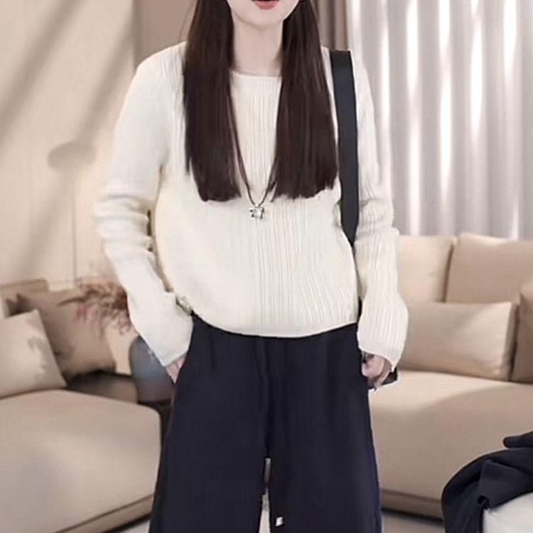 Crew Neck Plain Crop Ribbed Knitted Sweater Product Image