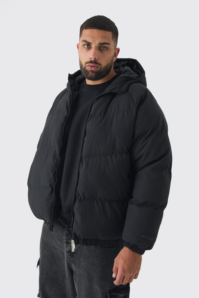 Plus Man Regular Fit Hooded Puffer Coat In Black | boohooMAN USA Product Image