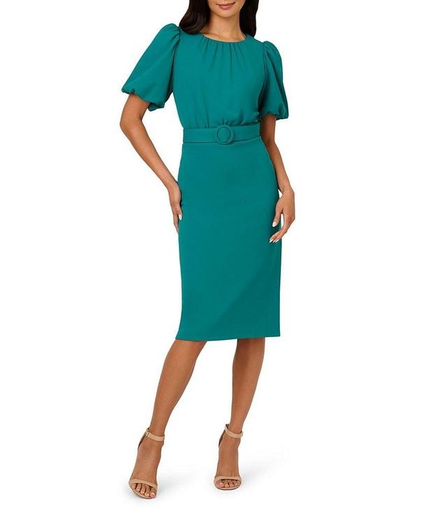 Adrianna Papell Crepe Crew Neck Short Puff Belted Sheath Dress Product Image