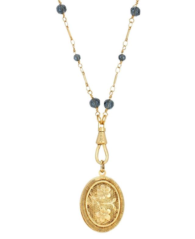 1928 Gold Tone Blue Beaded Oval Flower Locket Necklace, Womens Product Image