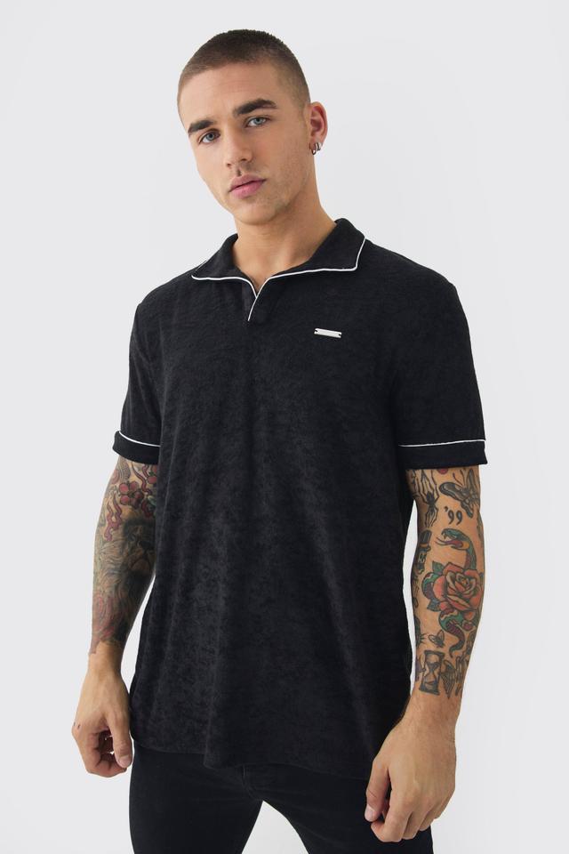 Towelling Polo With Piping & Metal Tab | boohooMAN USA Product Image