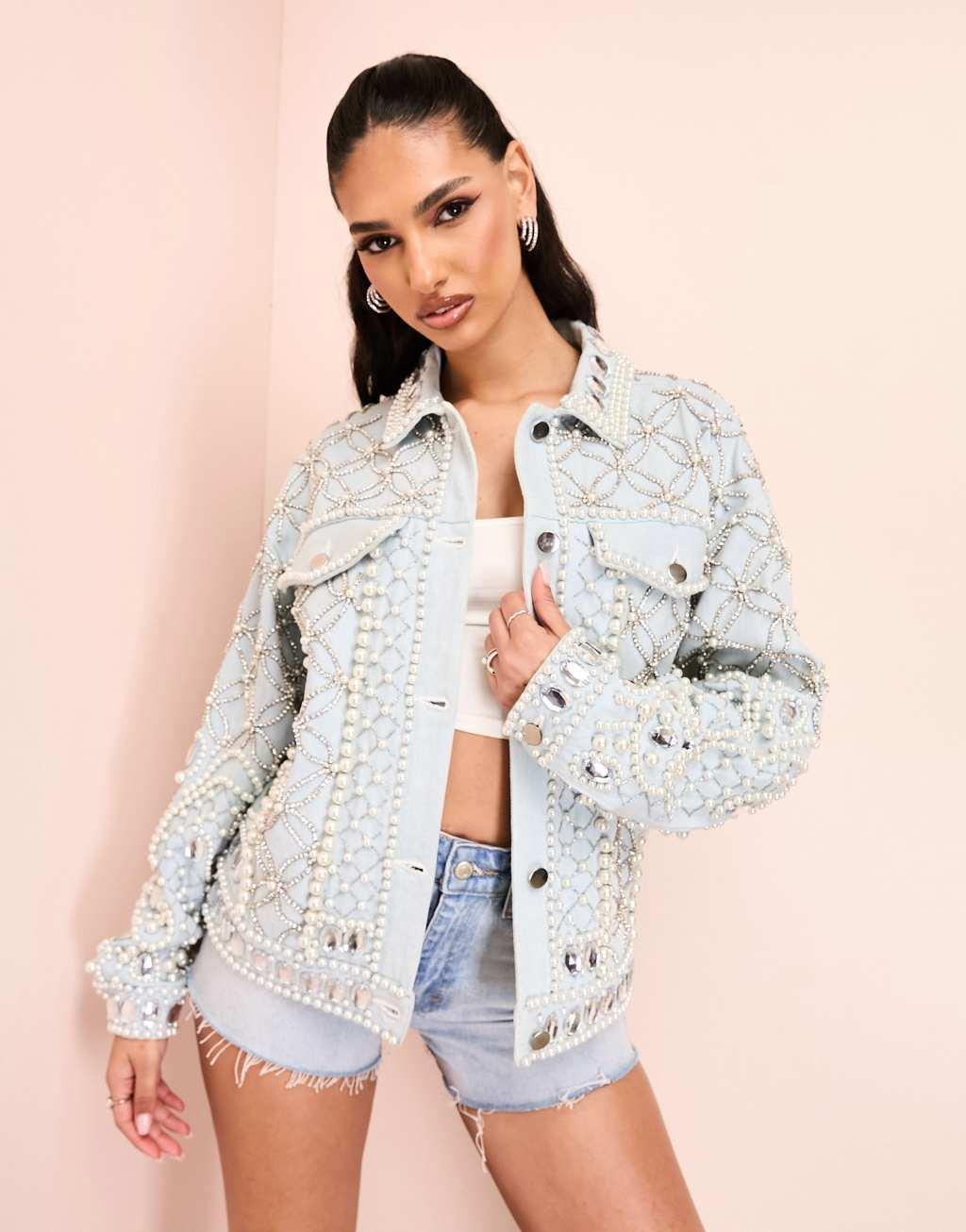 ASOS LUXE premium embellished denim jacket with encrusted diamante and pearl detail Product Image