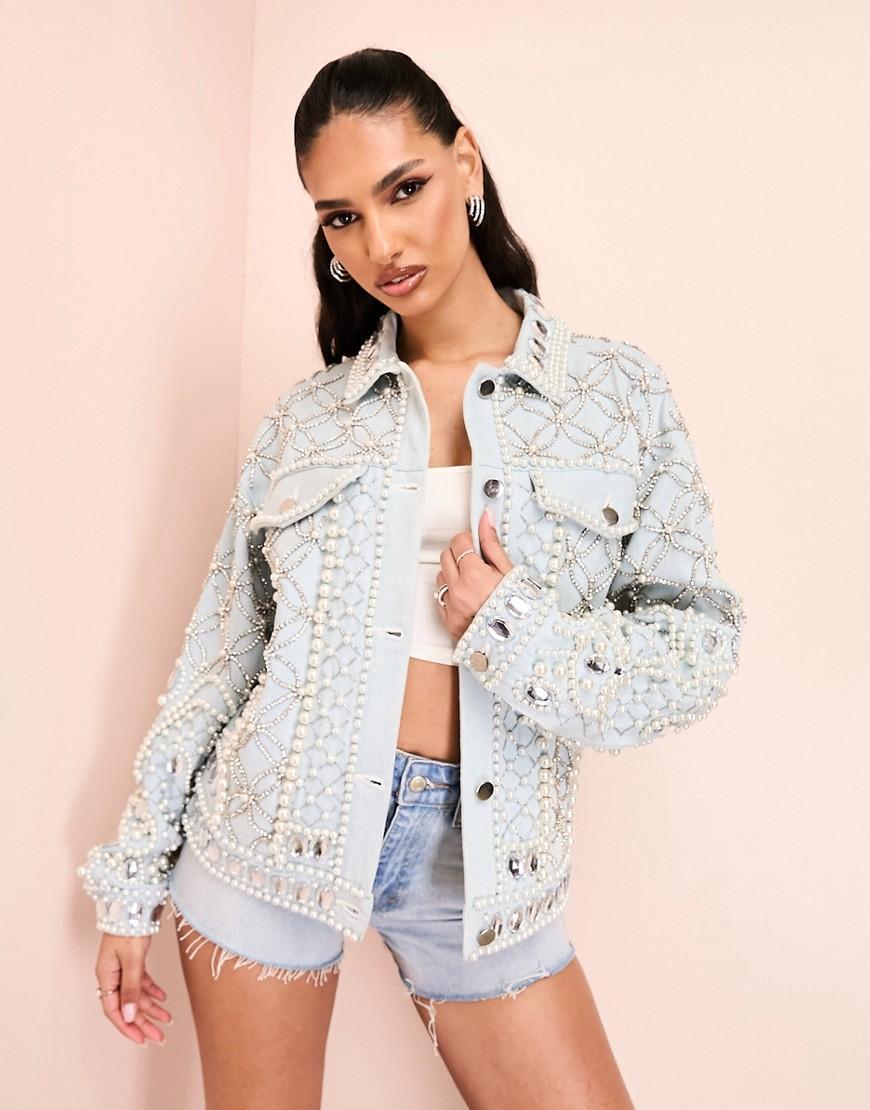 ASOS LUXE premium embellished denim jacket with encrusted diamante and pearl detail Product Image