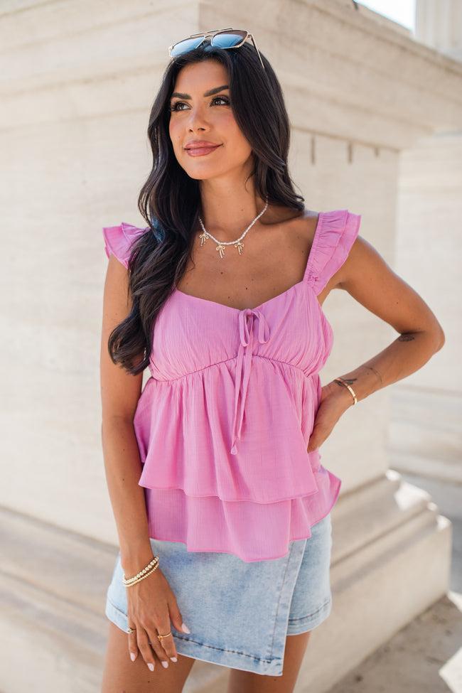 After All This Pink Ruffle Shoulder Cinched Bust Tank Product Image