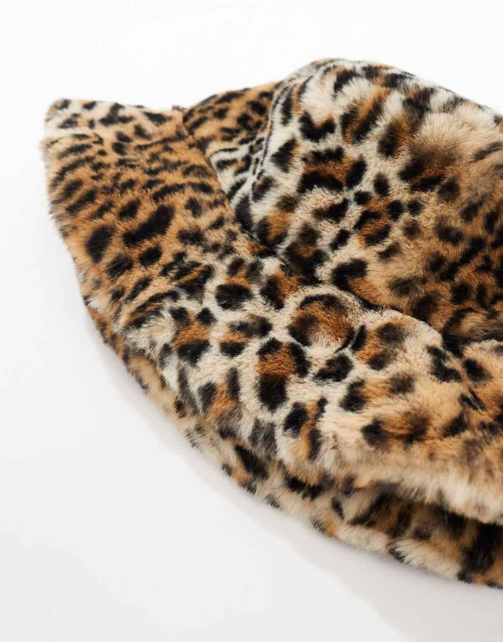 ASOS DESIGN faux fur bucket hat in leopard design Product Image