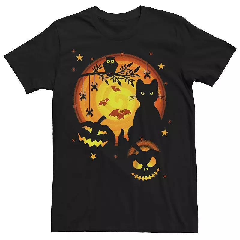 Mens Halloween Cat Owl Jack-o-Lanterns Bats Spiders Graphic Tee Blue Product Image