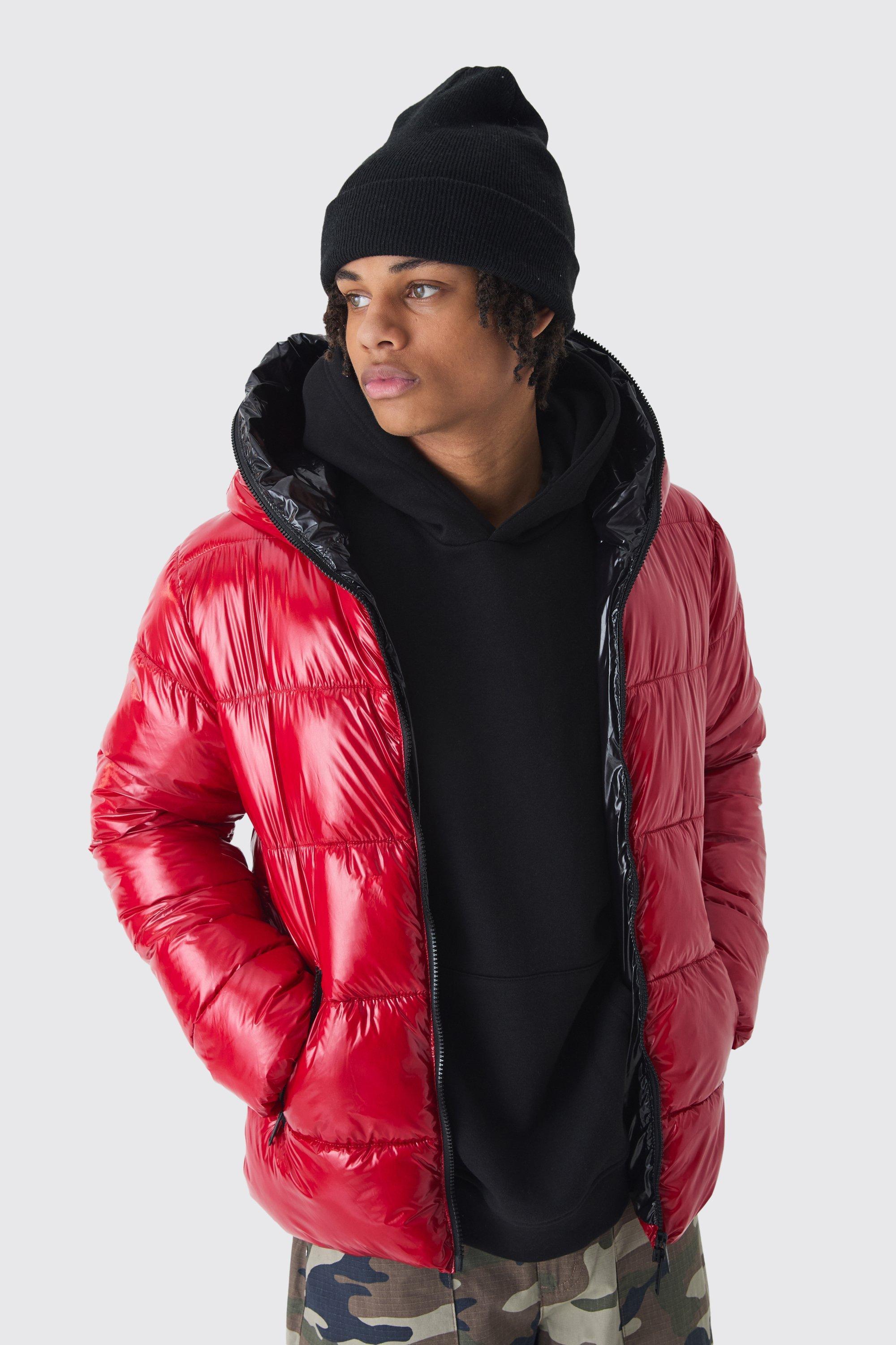 Zip Hood Vinyl Hi Shine Puffer Jacket In Red | boohooMAN USA Product Image