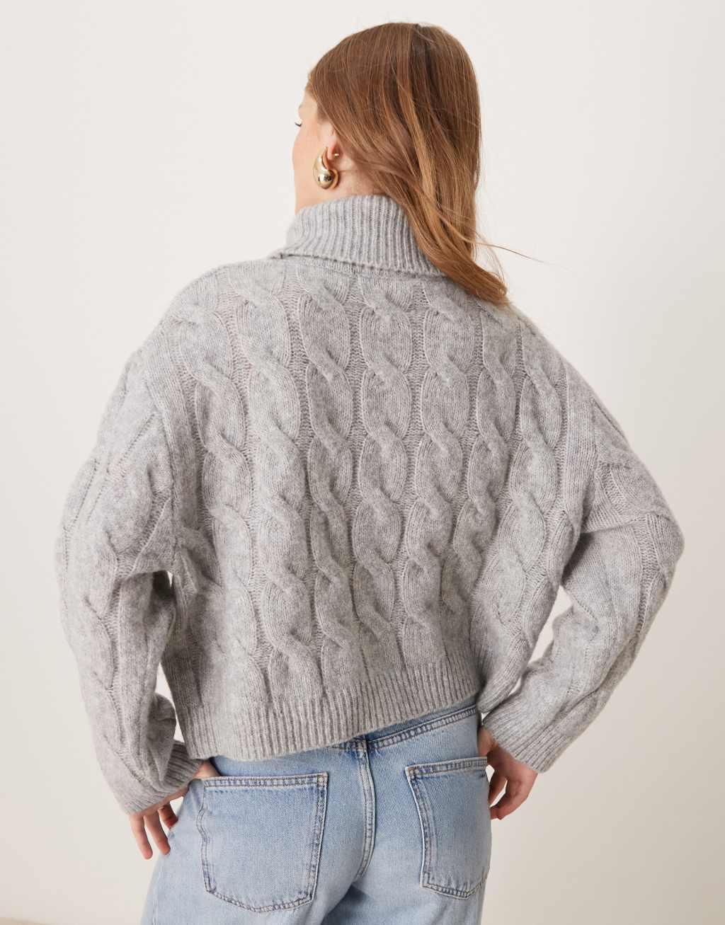 Miss Selfridge cable high neck cozy knit sweater in charcoal heather Product Image