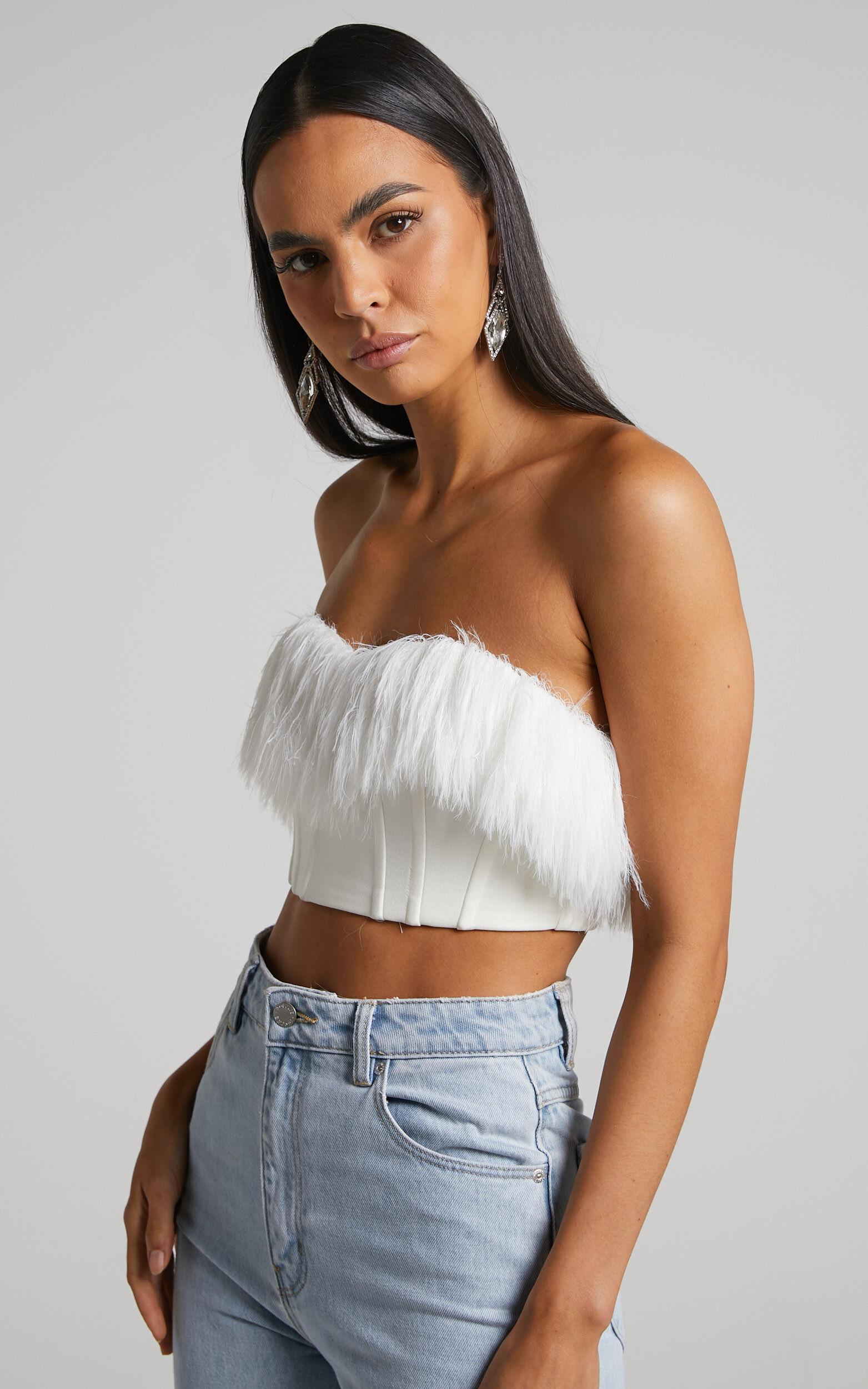 Rhaiza Top - Faux Feather Trim Strapless Sweetheart Crop Top in White Product Image