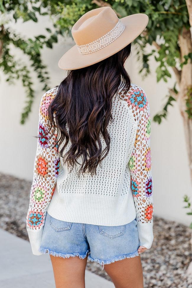 A Wonderful Life Ivory Multi Crochet Sleeve Sweater  FINAL SALE Product Image