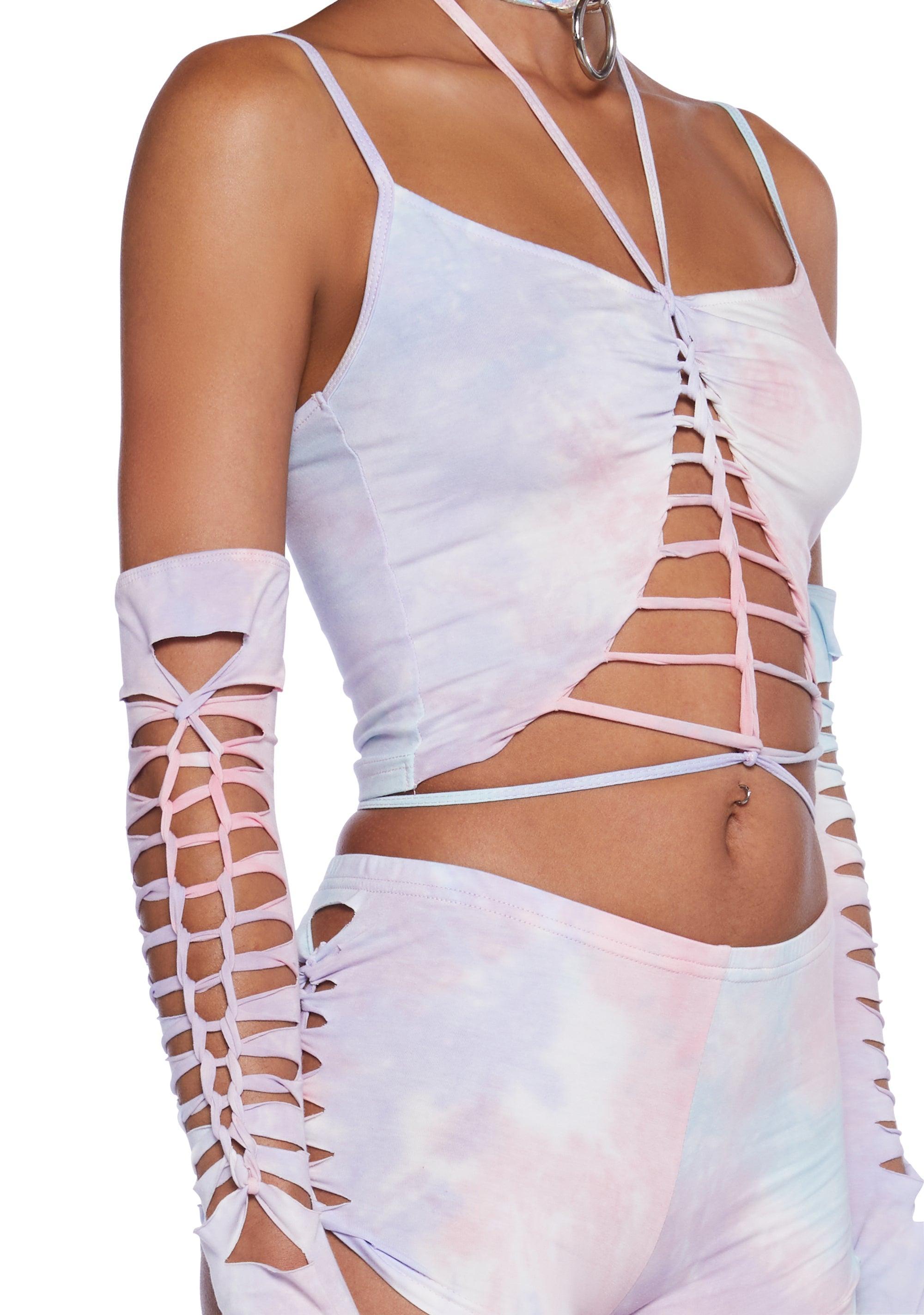 Club Exx Burning Man Tie Dye Shredded Tank And Gloves Set - Pink Product Image