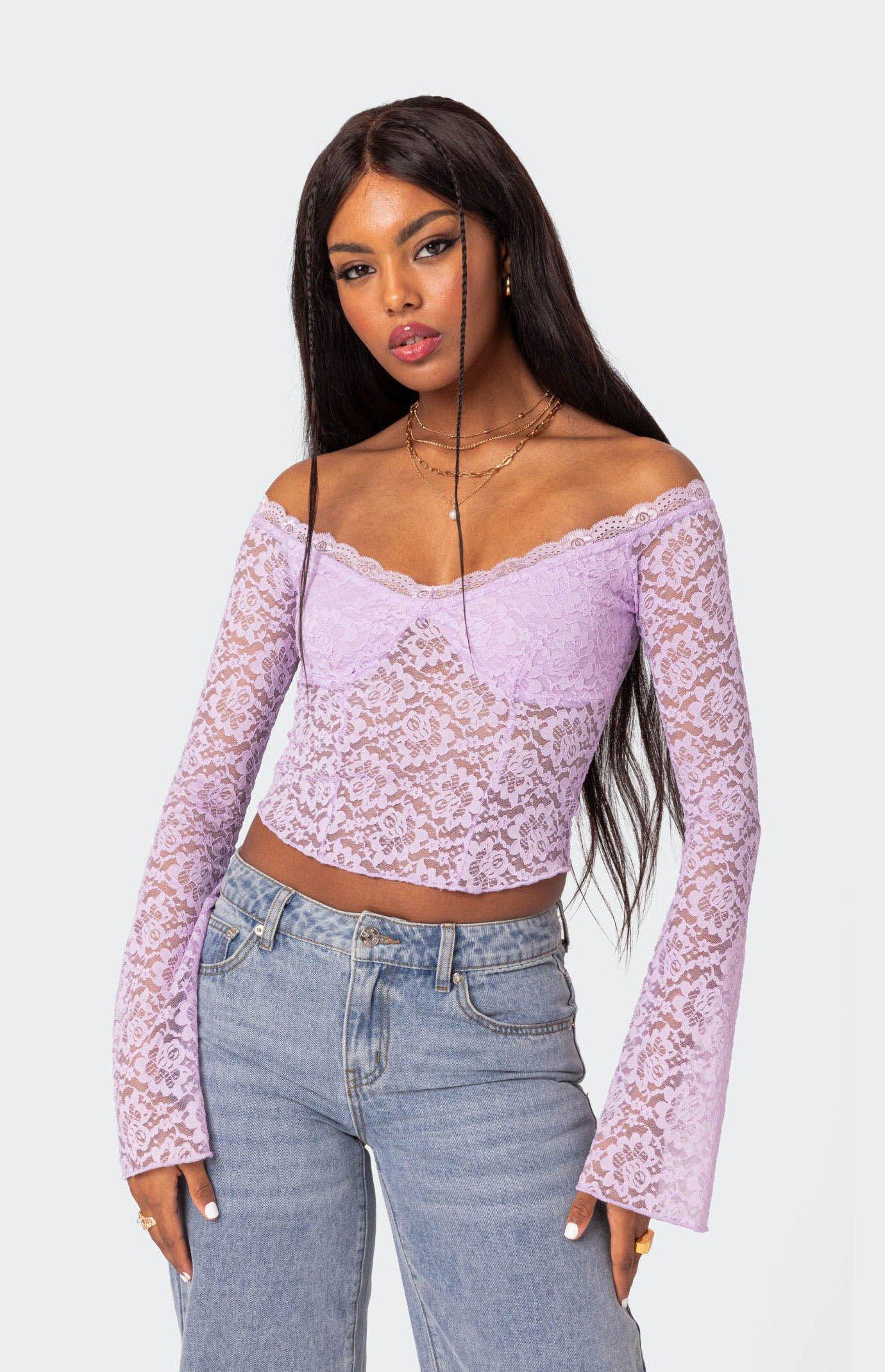 Edikted Womens Linda Off Shoulder Sheer Lace Top Product Image