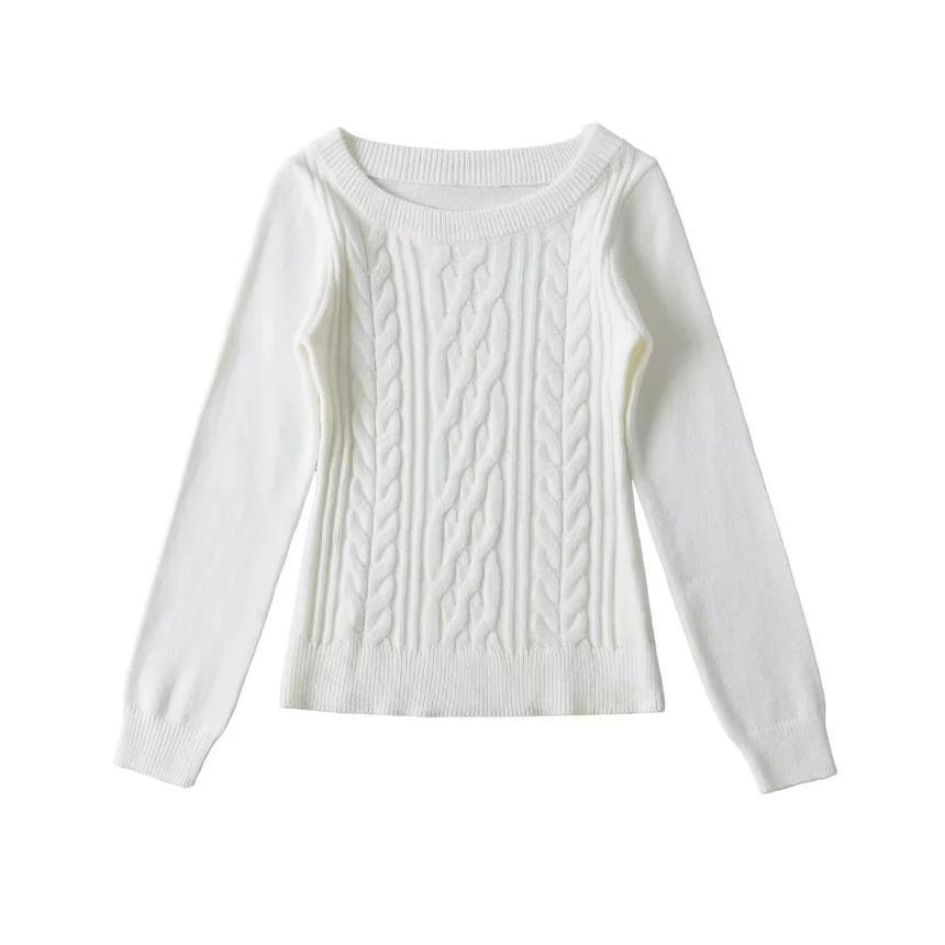 Long-Sleeve Scoop Neck Plain Cable Knit Sweater Product Image