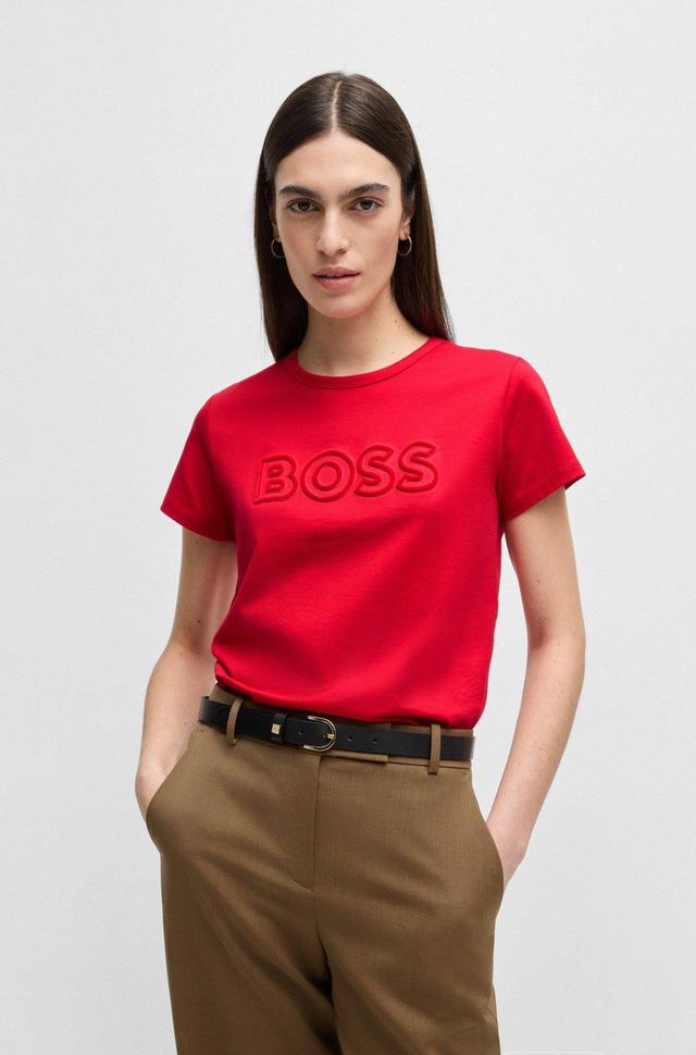 BOSS - Mercerized-cotton T-shirt with logo detail - Red Product Image