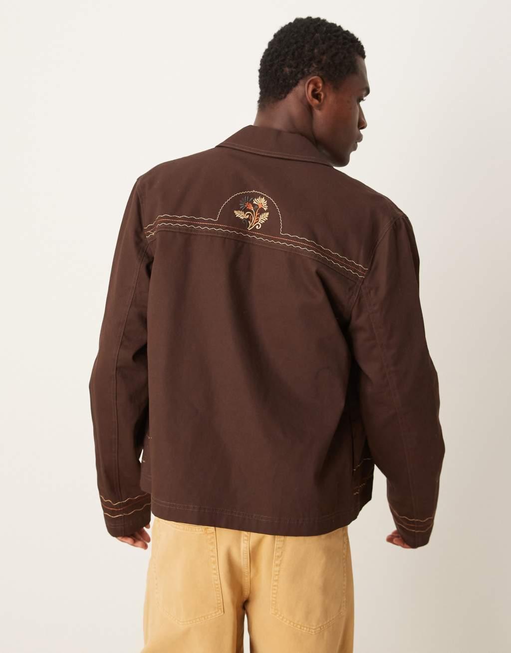 ASOS DESIGN embroidered harrington jacket in brown Product Image