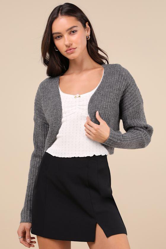 Comfy Cuteness Grey Heathered Ribbed Knit Shrug Cardigan Product Image