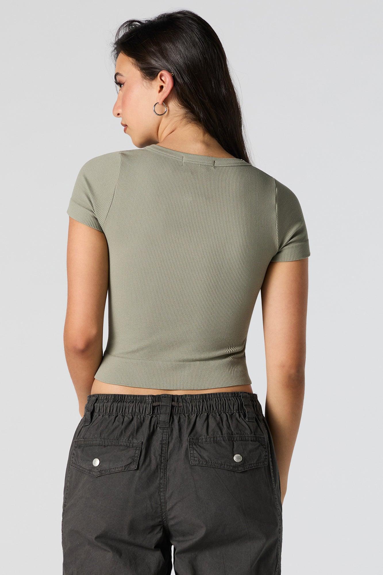 Solid Ribbed V-Neck Cropped T-Shirt Female Product Image