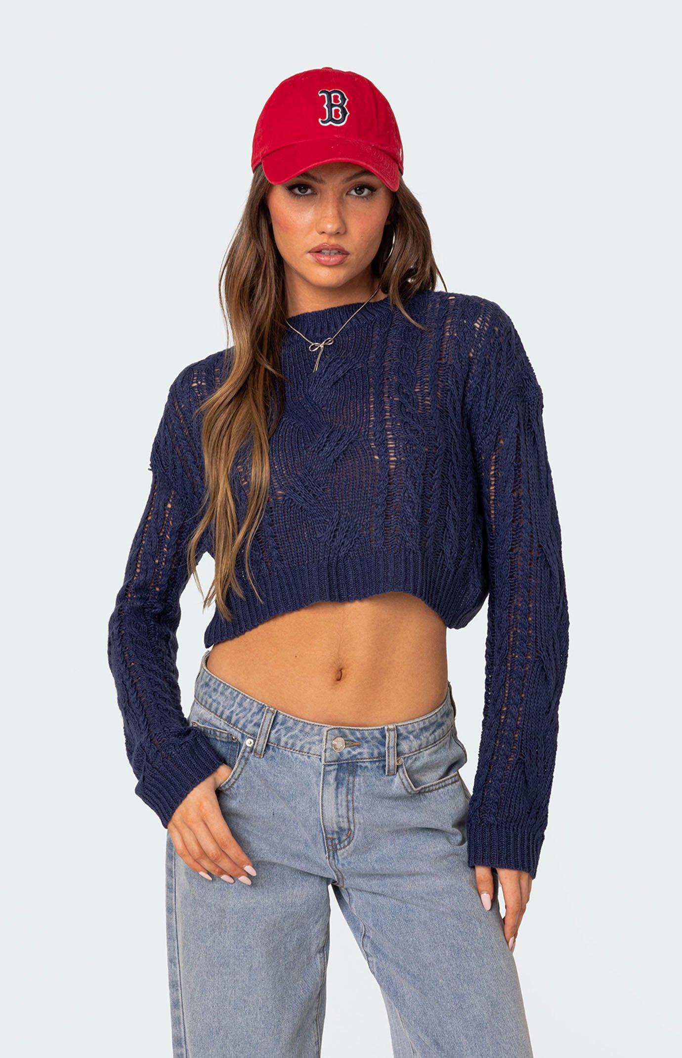 Edikted Women's Gabrielle Cropped Cable Knit Sweater in B/W/T/B/N/G/O/R - Product Image