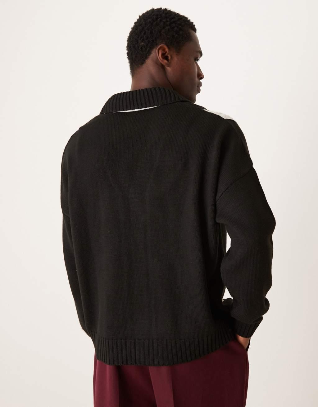 ASOS DESIGN oversized boxy fit knitted cardigan with collar and contrast stripe in black Product Image