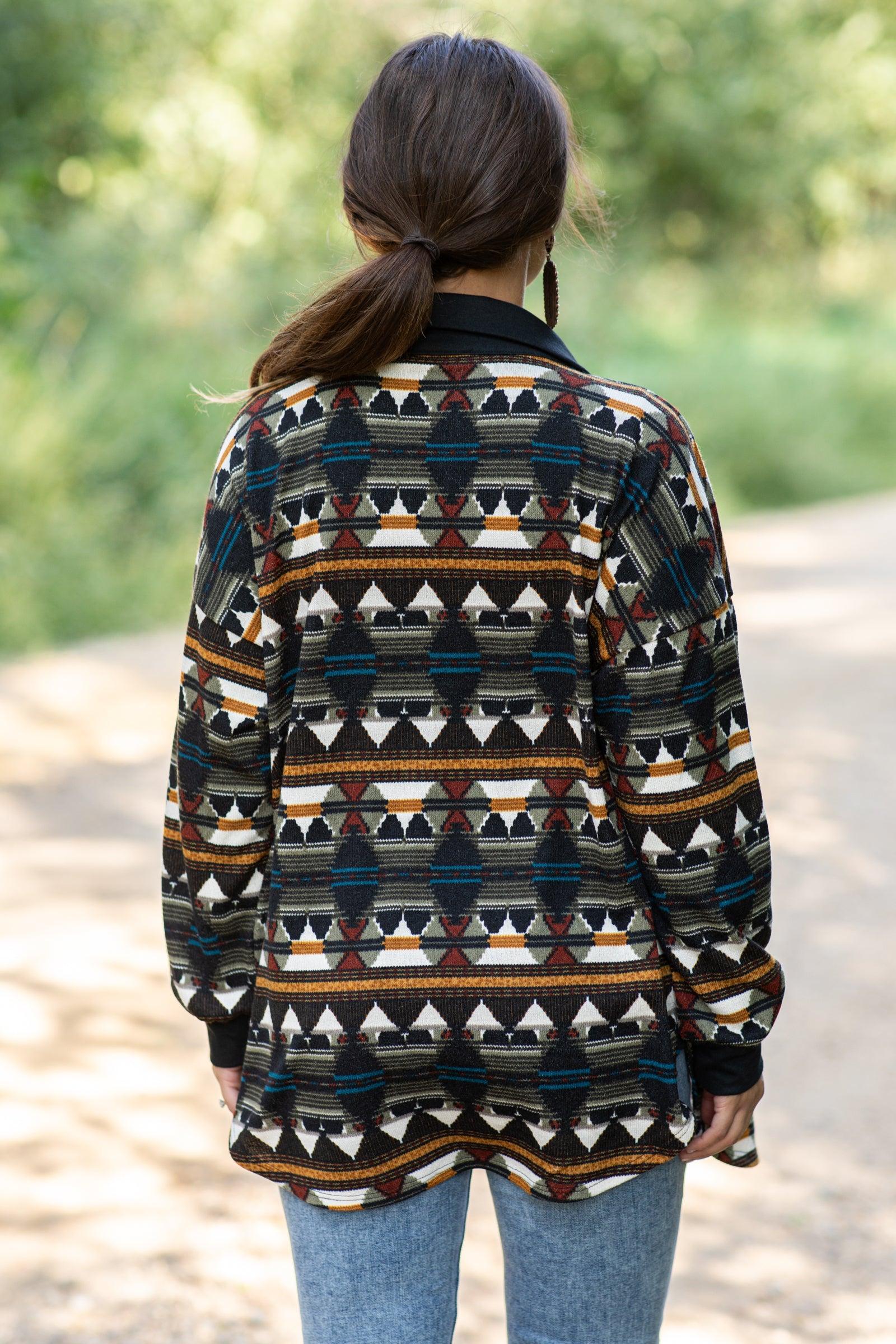 Black Aztec Print Knit Lightweight Shacket Product Image