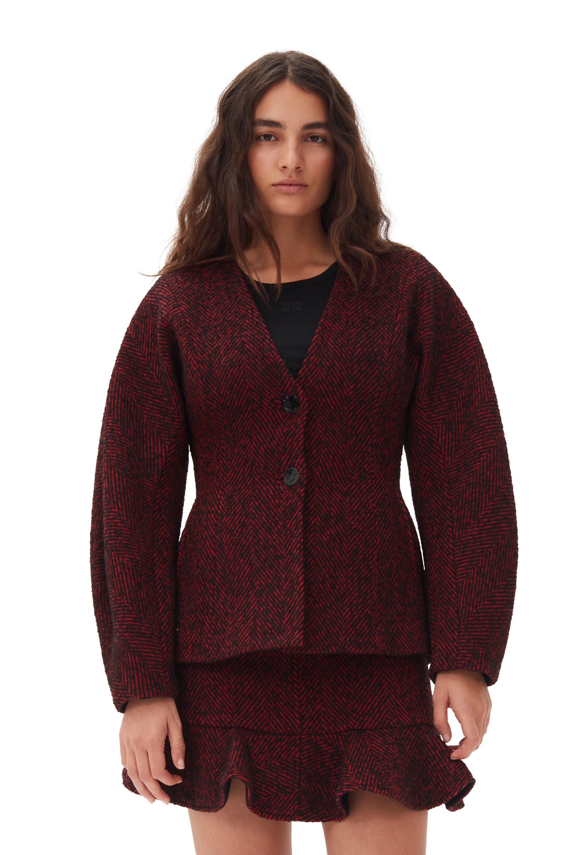 Red Herringbone Wool Curve Sleeve Blazer Product Image