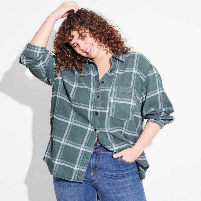 Womens Long Sleeve Oversized Flannel Button-Down Shirt - Wild Fable Dark Plaid 1X Product Image