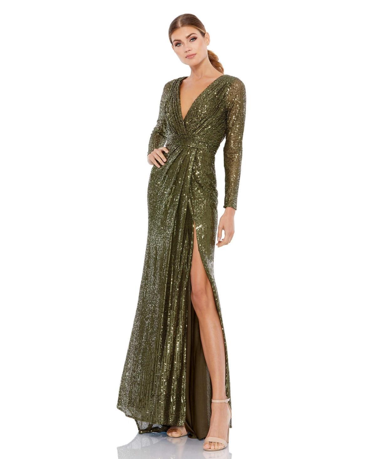 Ieena for Mac Duggal Long Sleeve Deep Surplice V-Neck Sequin Thigh High Slit Gown Product Image