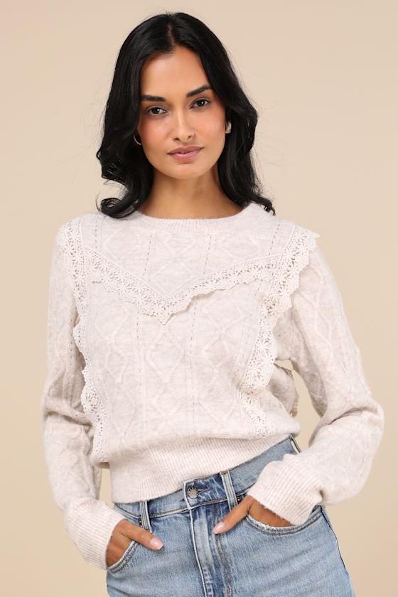 Sweetest Warmth Heather Taupe Cable Knit Lace Trim Sweater Product Image