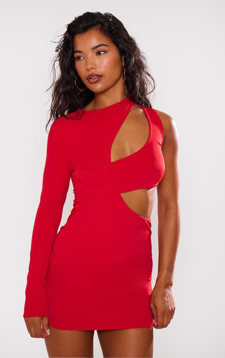 Red Slinky Extreme Cut Out One Sleeve Mini Dress Product Image