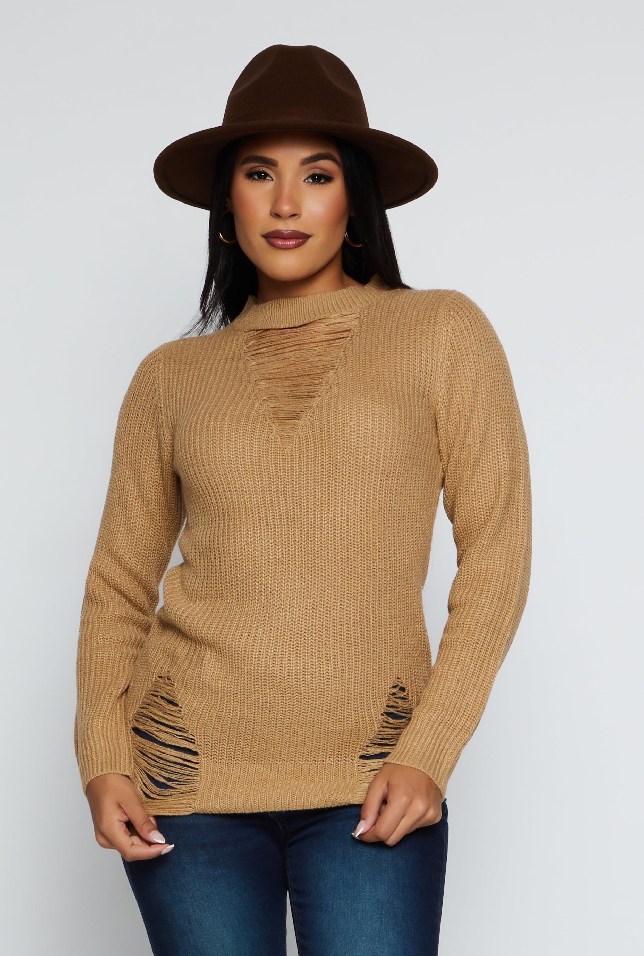 Womens Distressed Crew Neck Sweater Product Image