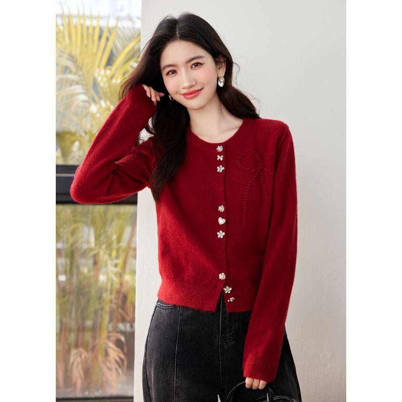 Crew Neck Bow Jacquard Button-Up Crop Cardigan Product Image