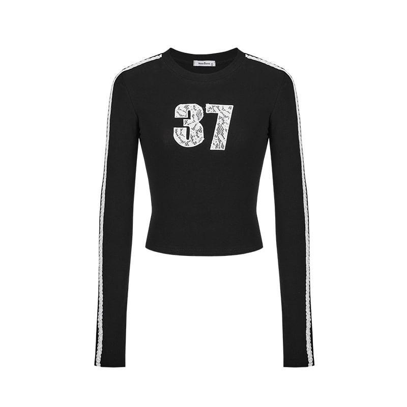 Long-Sleeve Crew Neck Number Embroidered Striped Lace Trim Tee Product Image