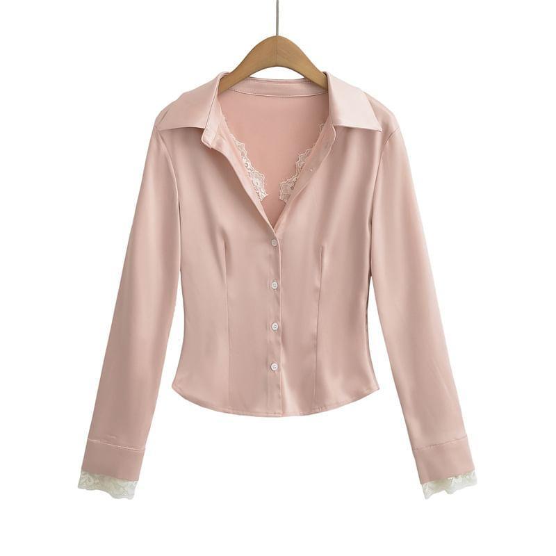 Long-Sleeve Satin Plain Shirt Product Image