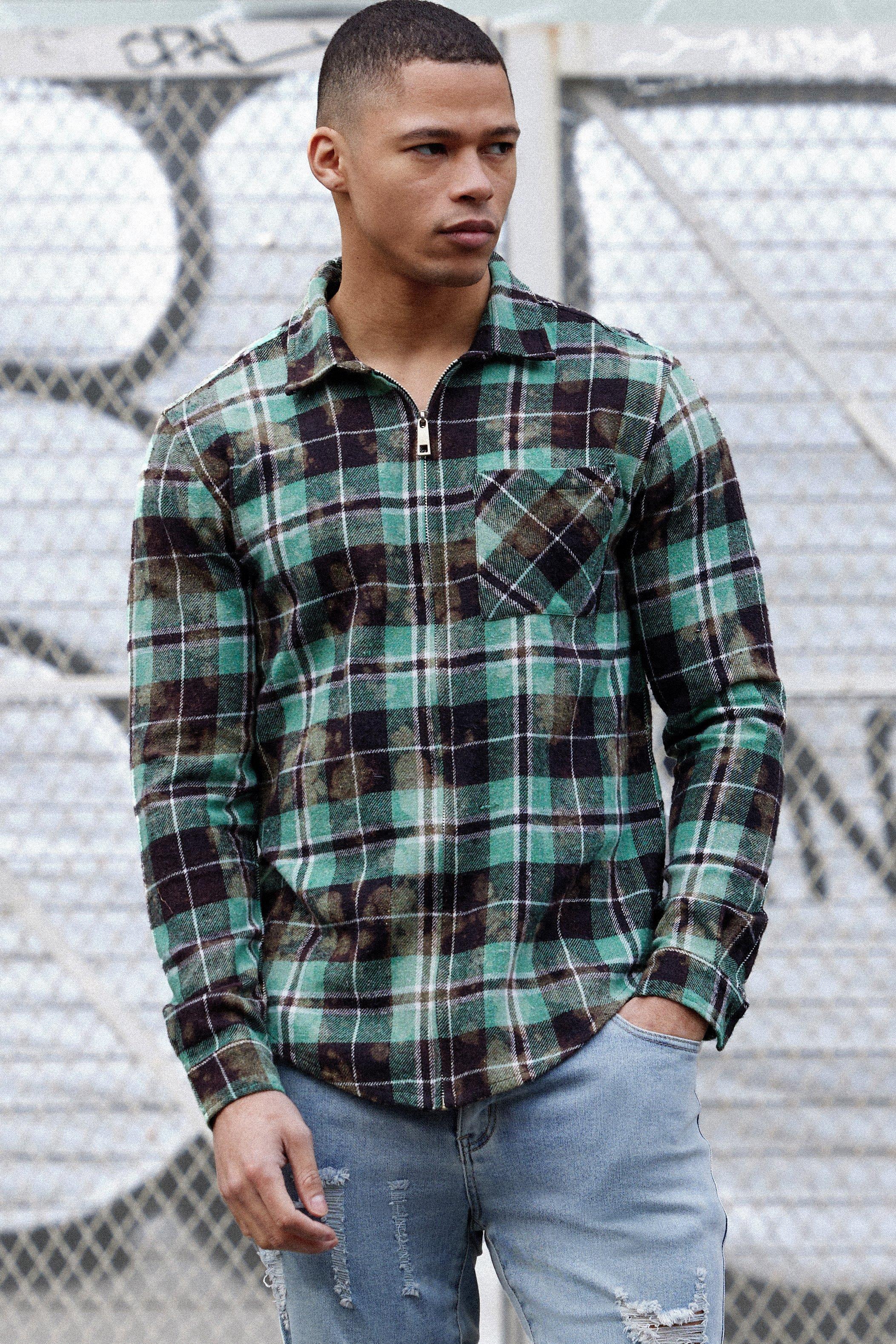 Zip Through Washed Checked Shirt | boohooMAN USA Product Image