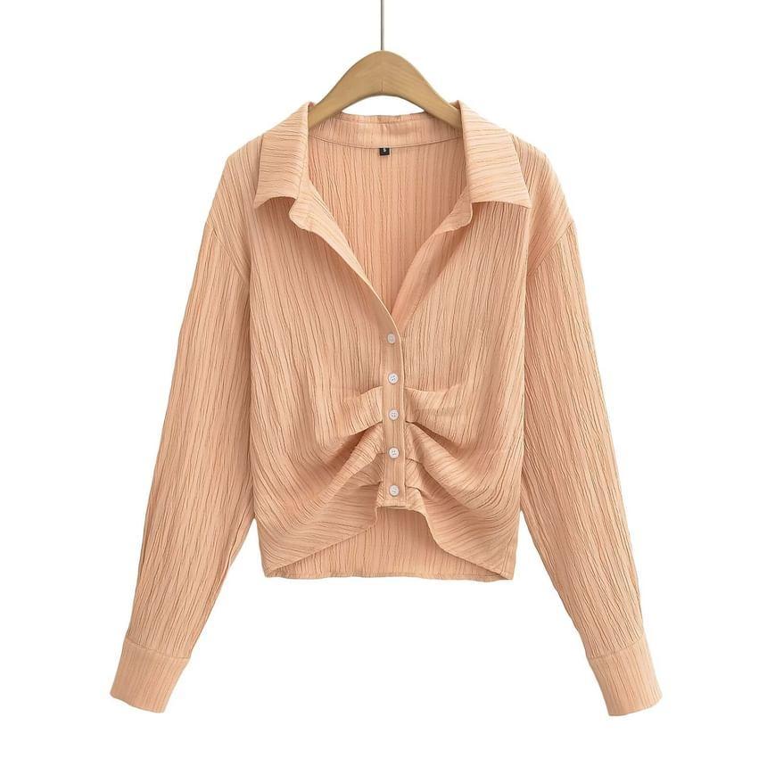 Long-Sleeve Plain Ruched Shirt Product Image