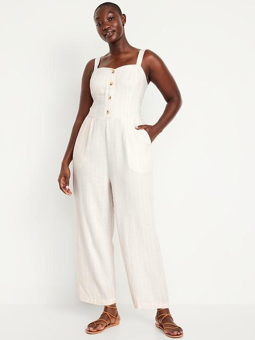 Button-Front Linen-Blend Cami Jumpsuit Product Image