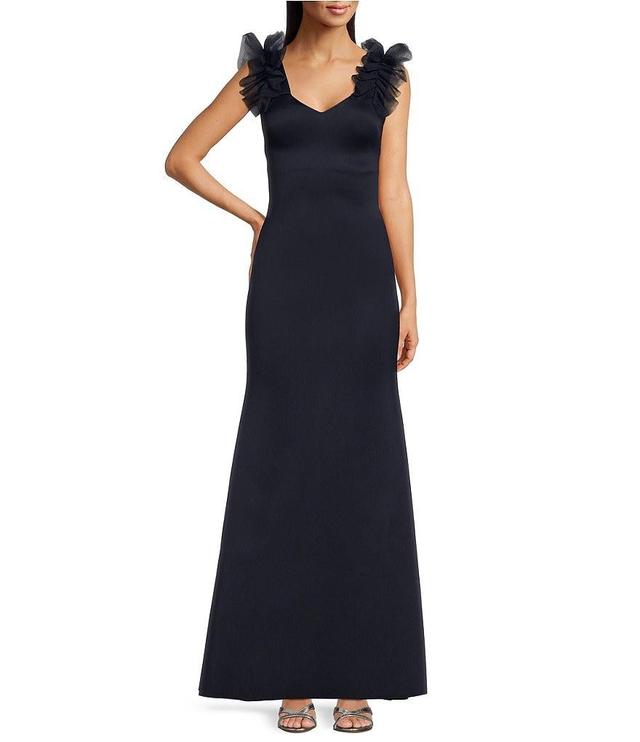 Eliza J Petite Size Sleeveless V-Neck Ruffle Shoulder Scuba Fit and Flare Gown Product Image